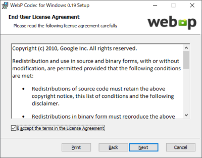 WebP Codec：ライセンス規約画面